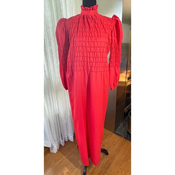 Vintage 70s red dress, smocked bodice with long sleeves, ankle length, 10/12 (L) - Picture 3 of 8